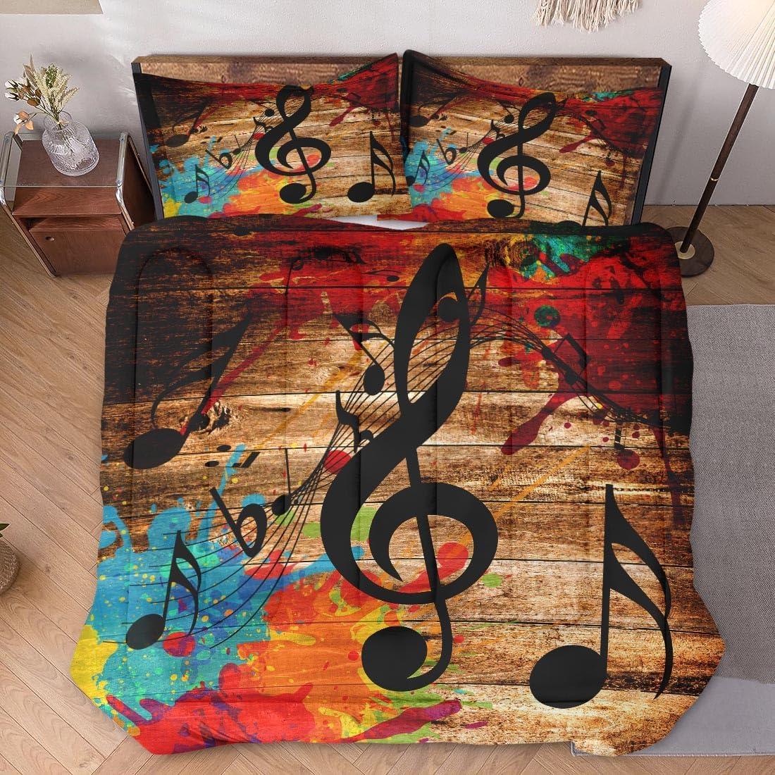 WeCozy music disco comforter set displayed on a queen size bed