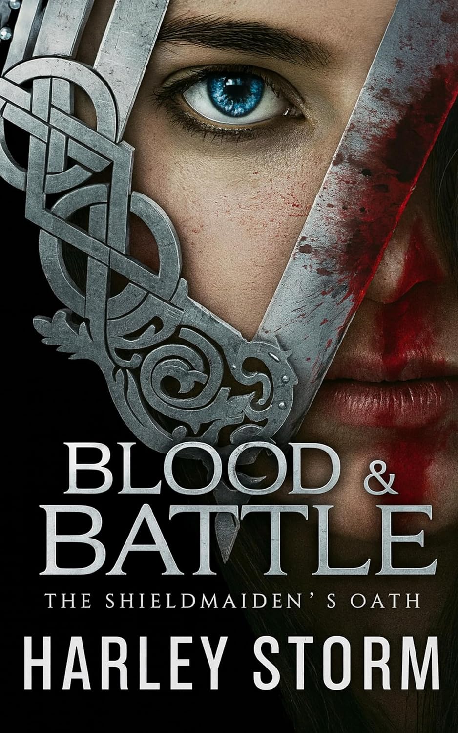 Harley Storm Blood And Battle book cover featuring a portrait of a female shieldmaiden with a metal helmet and sword.