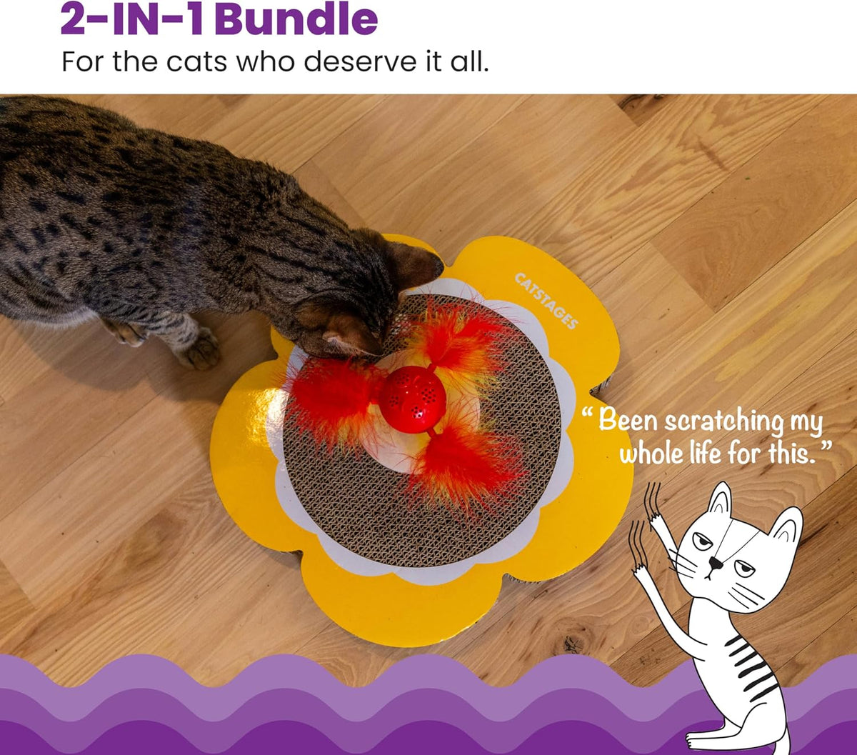 Catstages Daisy cat toy bundle showing spinning top and feather attachment