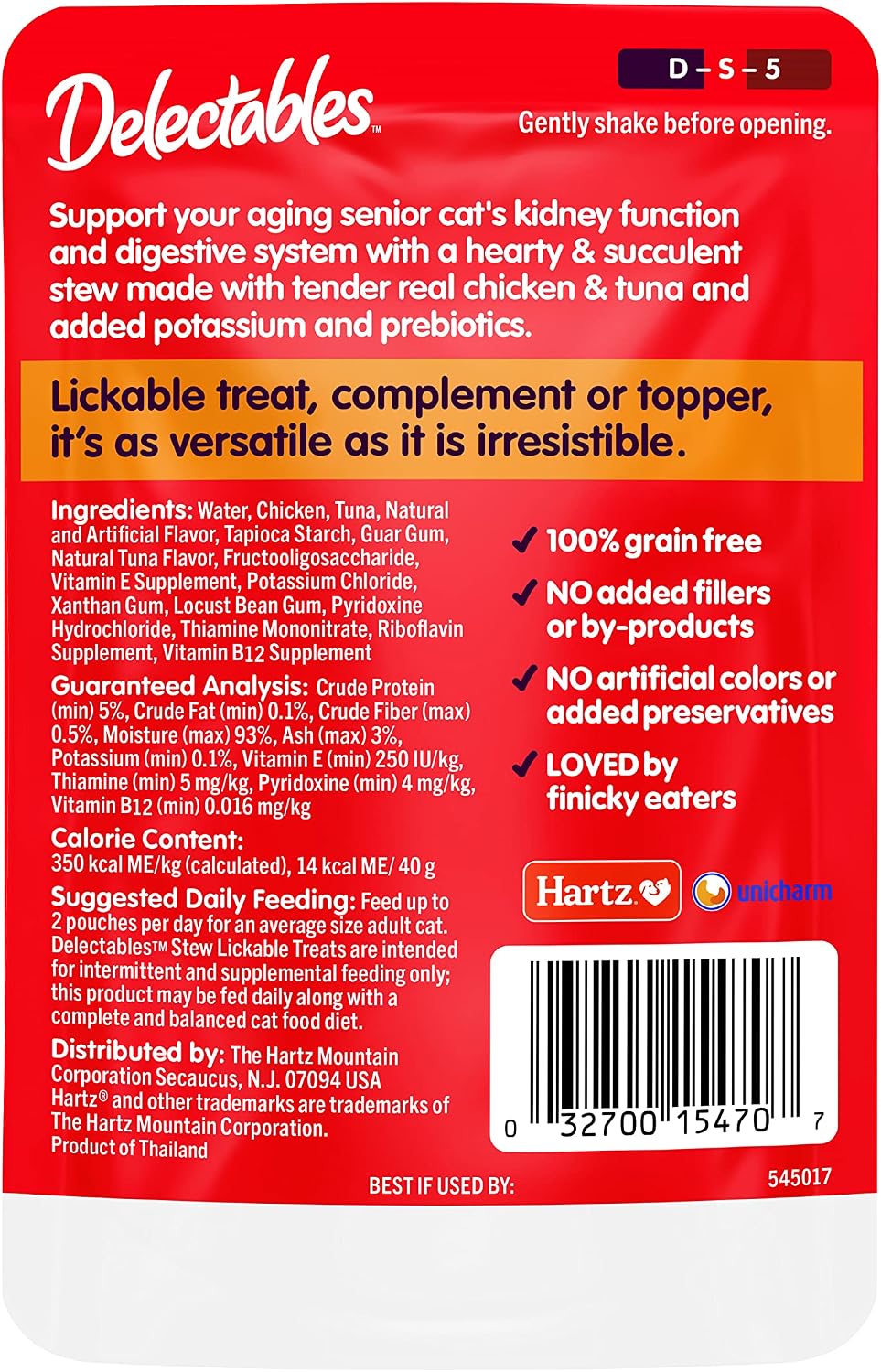Authentic Delectables senior wet cat food supplement back label info.