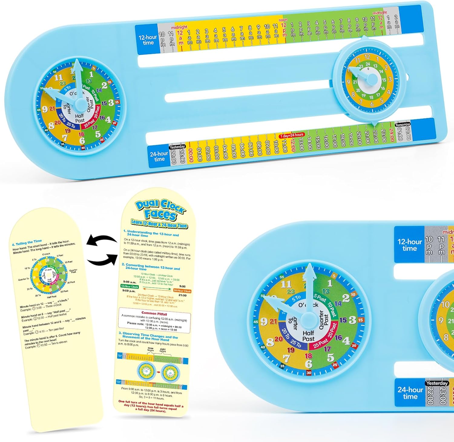 Hand2mind Advanced NumberLine teaching clock front view displaying the blue analog dual dial layout for children.