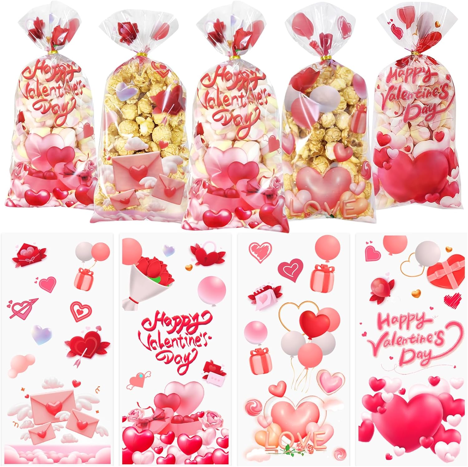 QOIUSO Valentines Day cellophane treat bags displayed with candy assortments