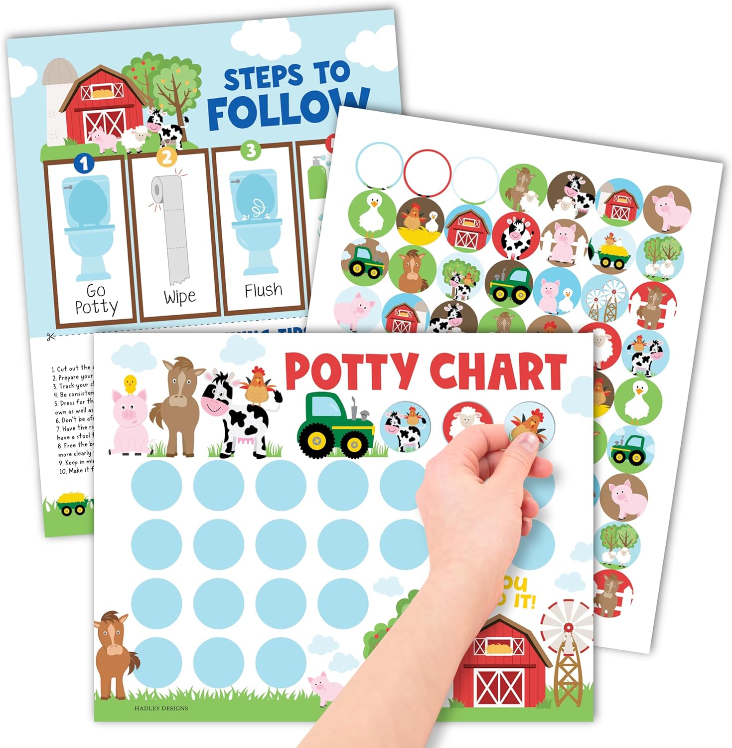 Hadley Designs potty training chart front view showing farm animal theme posters.