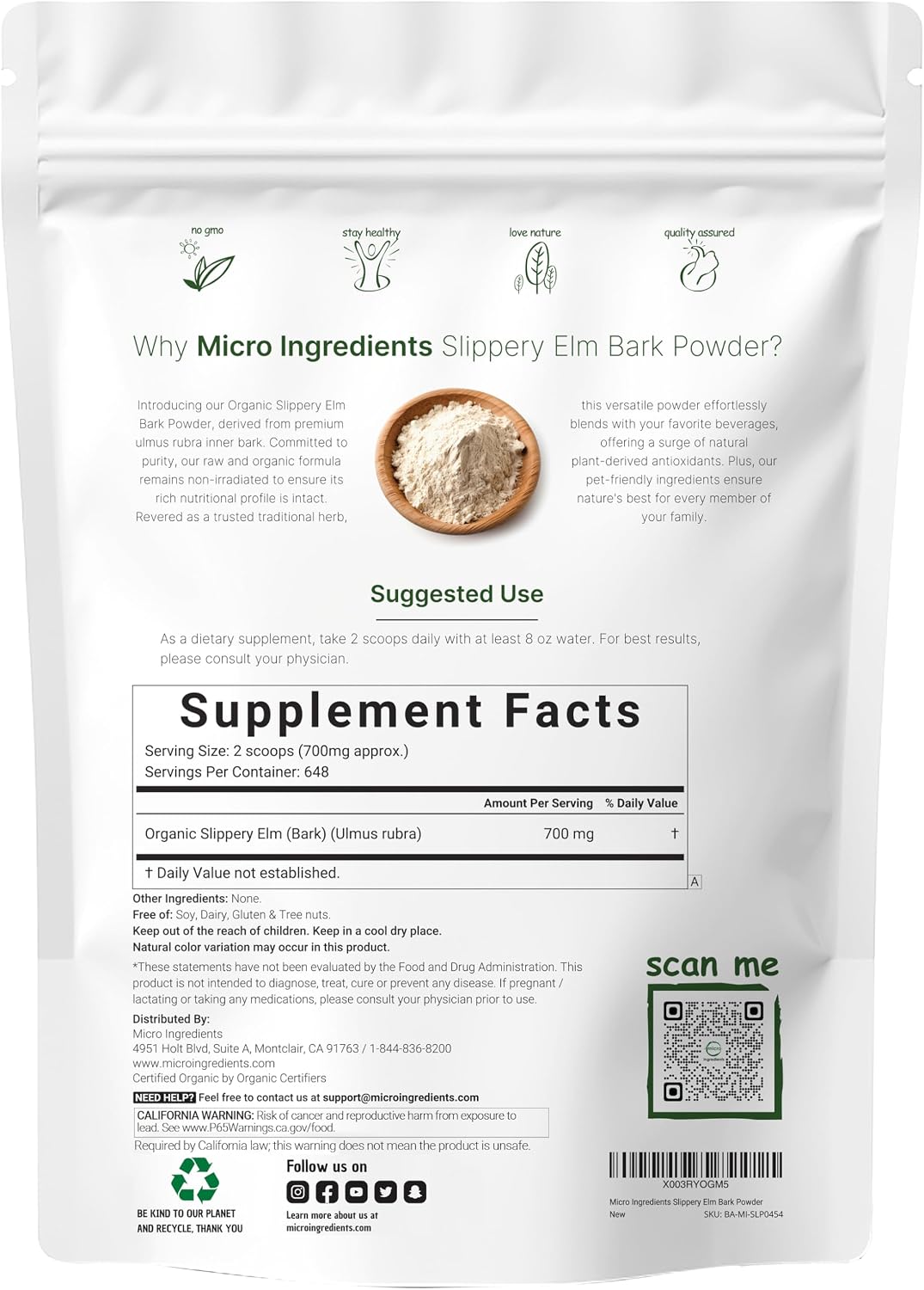 Micro Ingredients Organic Slippery Elm Bark Powder back label showing ingredients and serving size