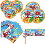 Fuyhiuous Number Blocks party supplies set front view including plates and napkins