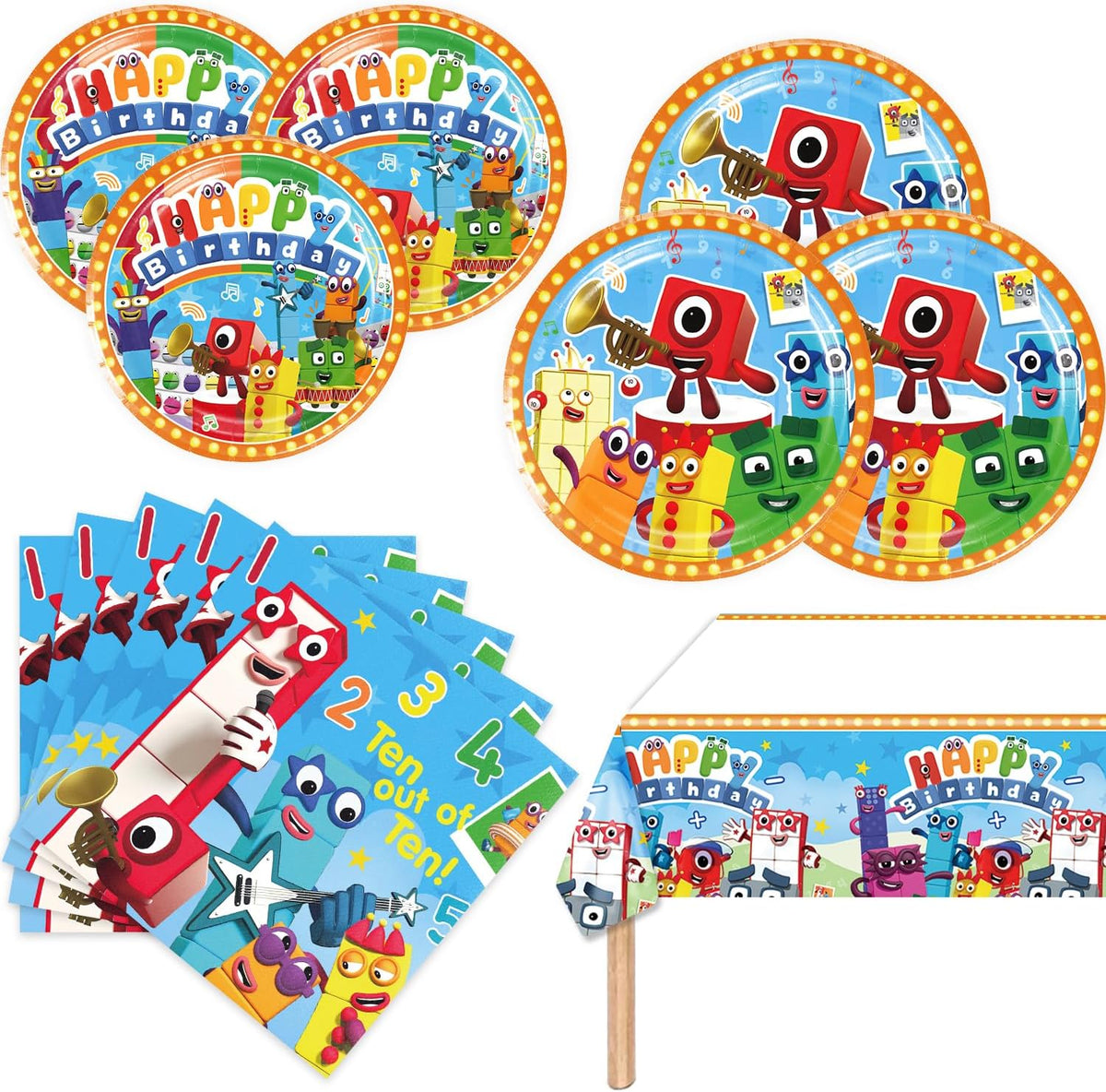 Fuyhiuous Number Blocks party supplies set front view including plates and napkins