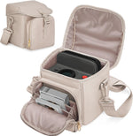 Prokva camera sling bag front view showing light tan quilted nylon exterior and gold tone hardware