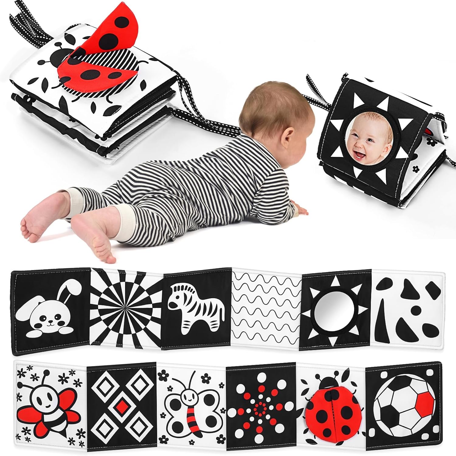 AJsupojouet black and white high contrast baby book front view showing bold patterns for infant visual stimulation