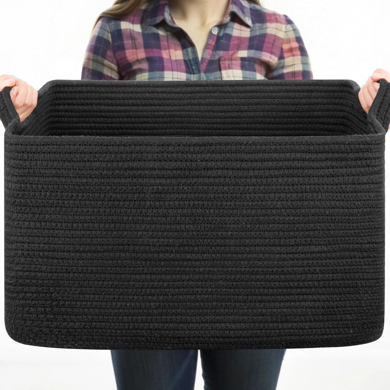 OIASKET large blanket basket front view showing black woven cotton rope texture