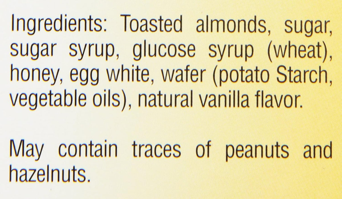 USA imported Ferrara Italian style torrone candy displaying toasted almond ingredients