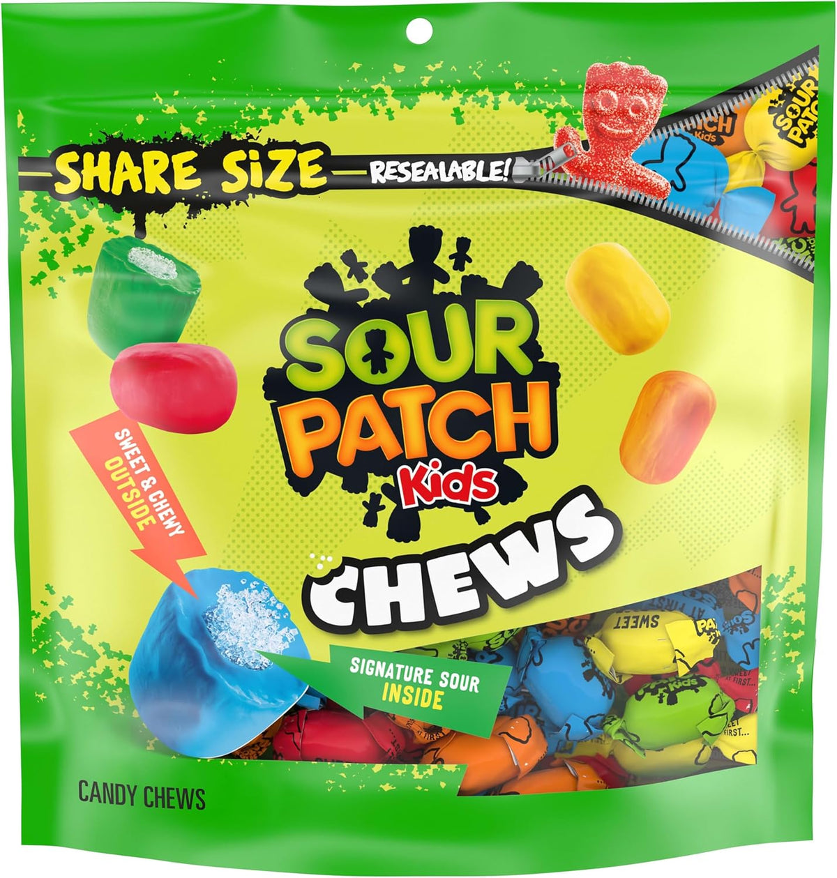 Sour Patch Kids Chews Soft And Chewy Candy front view of share size bag