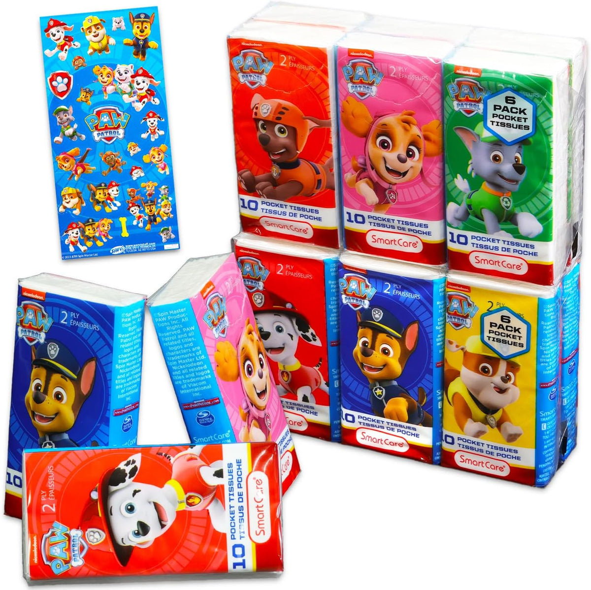 Paw Patrol Pocket Size Facial Tissues Set - 12 Packs of 10 Sheets (120 Sheets) & Stickers | Paw Patrol Disposal Tissues for Travel, School, Classroom - Image 1
