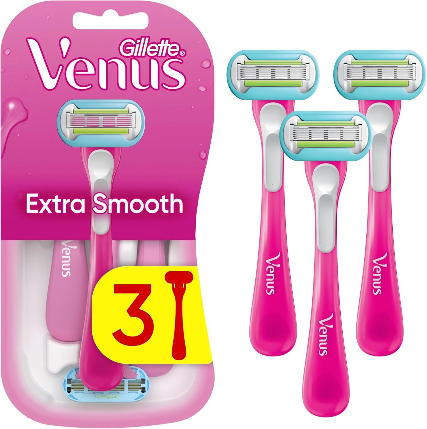Gillette Venus Razors for Women, Extra Smooth Disposable Women's Razors, Moisture Ribbon, Protects from Skin Irritation, 5-Bladed, 3 Count - Image 1