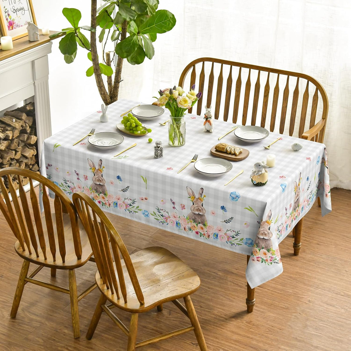 Horaldaily rectangular tablecloth laid out on a dining room table setup.