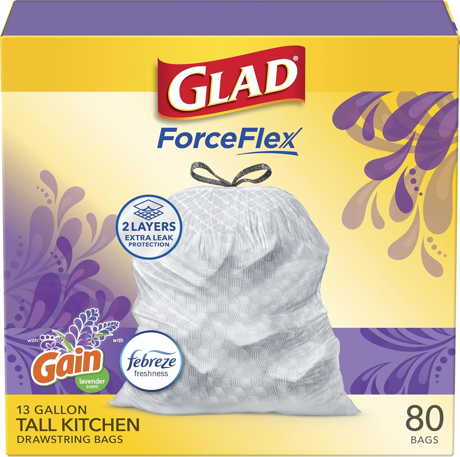 Glad ForceFlex Tall Kitchen Trash Bags front box view for durable waste management.