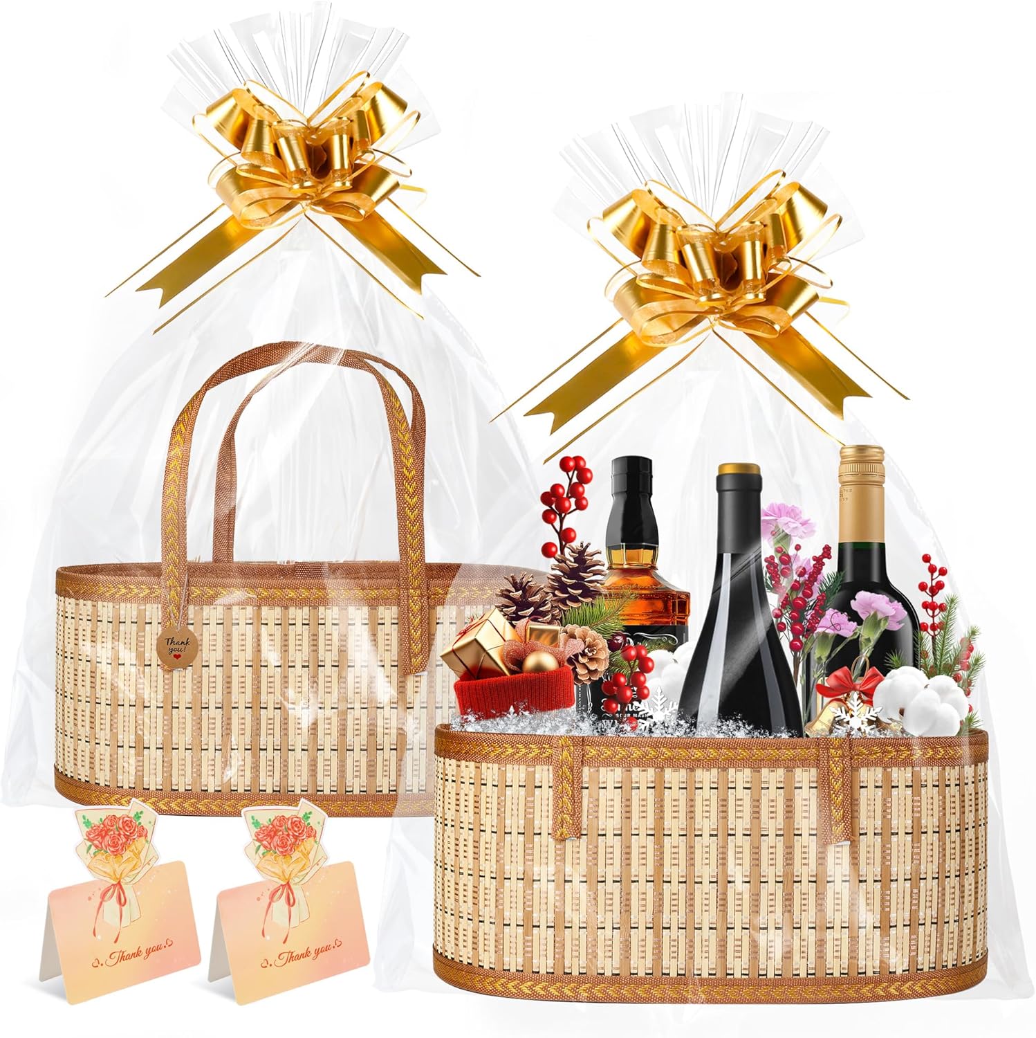 Leevcok 2 Count Baskets For Gifts Empty front view showing woven bamboo texture and handles