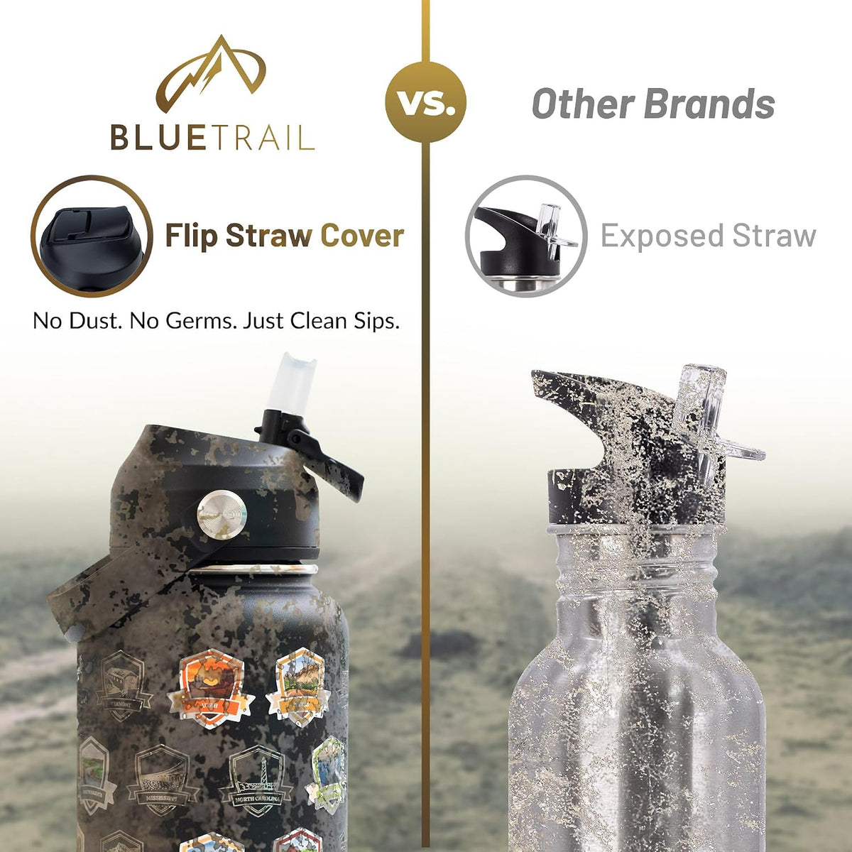 BlueTrail 50 states travel bottle showing hygienic mouthpiece dust cover