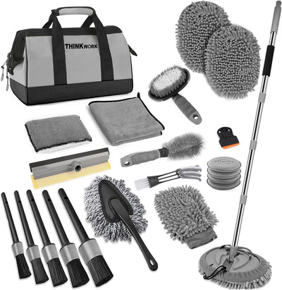 THINKWORK Car Wash Kit, Car Washing Brush with Long Handle, Extendable Car Wash Brush Mop with 2-in-1 Windshield Squeegee and 9Pcs Detailing Brushes, Gray Car Detailing Kit Gift for Men - Image 1