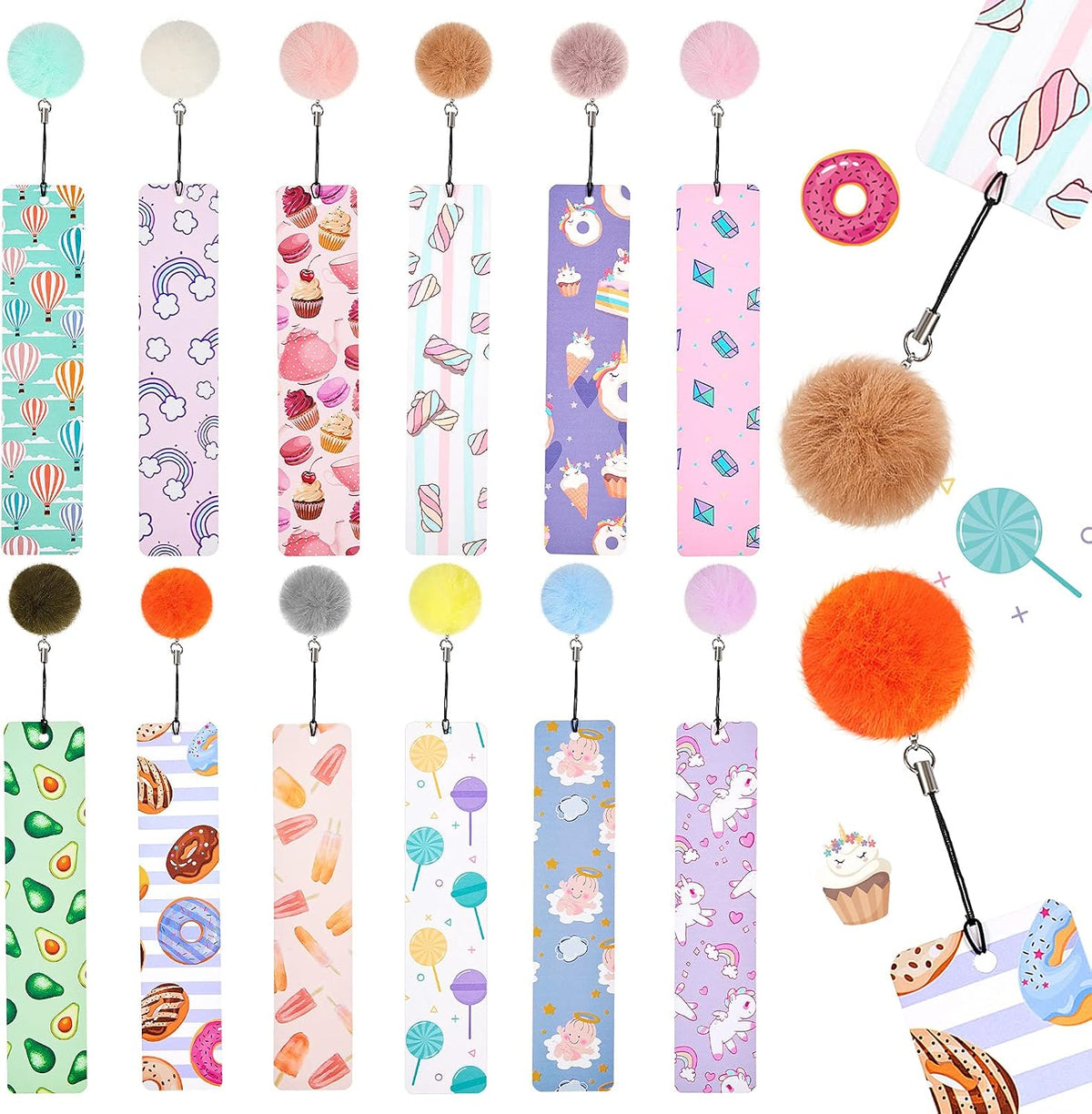Outus 24 Pcs Kawaii Bookmarks Cute Pom Pom Bookmarks Bulk with Rulers, Kawaii Unicorn Donut Avocado Page Markers, Back to School Classroom Favors Marks for Girls Students Kids Reading Gifts - Image 9