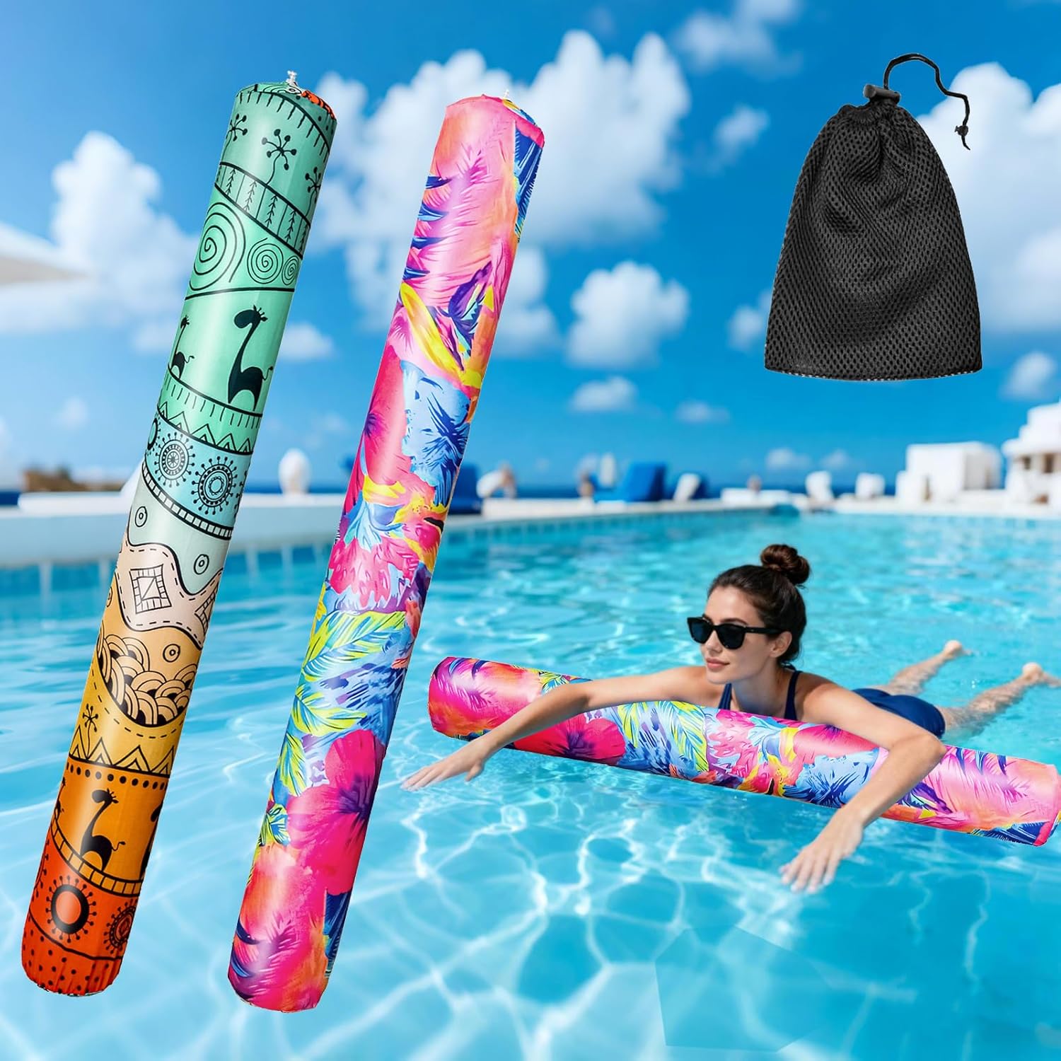 Brmoka inflatable swim pool noodles front view of the two pack set floating in a clear blue swimming pool.