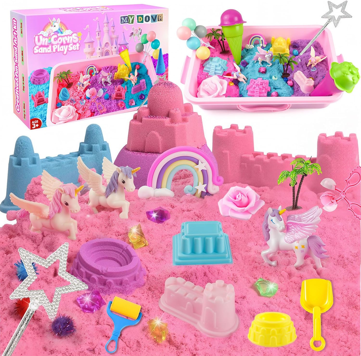 MYDOVA Unicorn Princess Theme Sensory Bin front packaging view showing the colorful sand art kit.