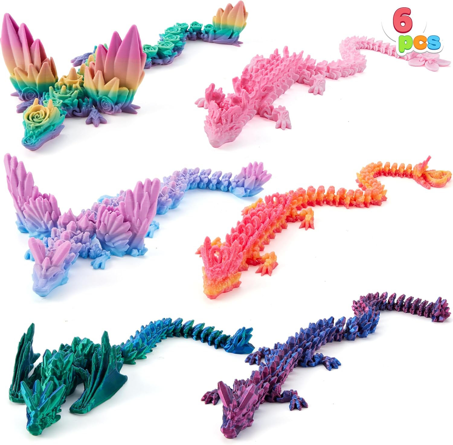 Joyin 6 pieces 3D printed dragon set front view