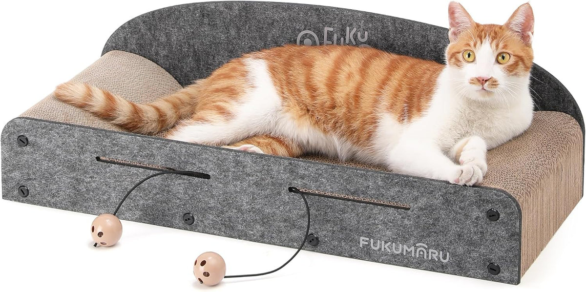 FUKUMARU Large Cat Scratcher Bed, 26 Inch Cat Scratching Bed Sofa Indoor | Cardboard Cat Scratcher with 2 Reversible Scratch Pad Refills, Durable Large Cat Scratching Lounger with Ball Toy, Beige - Image 11