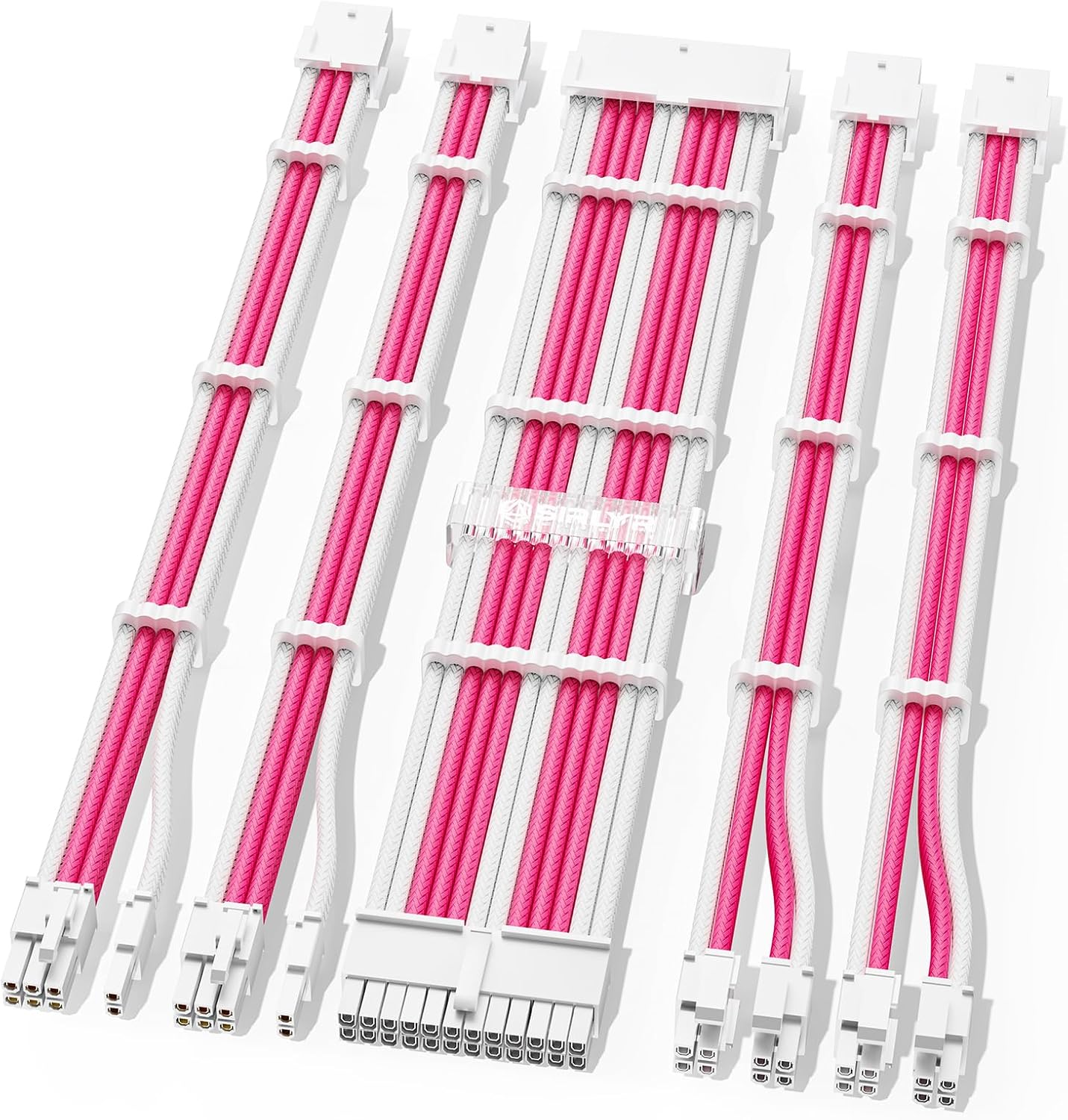 Sirlyr custom sleeved power supply unit extension cable kit front view showcasing pink and white braided wires