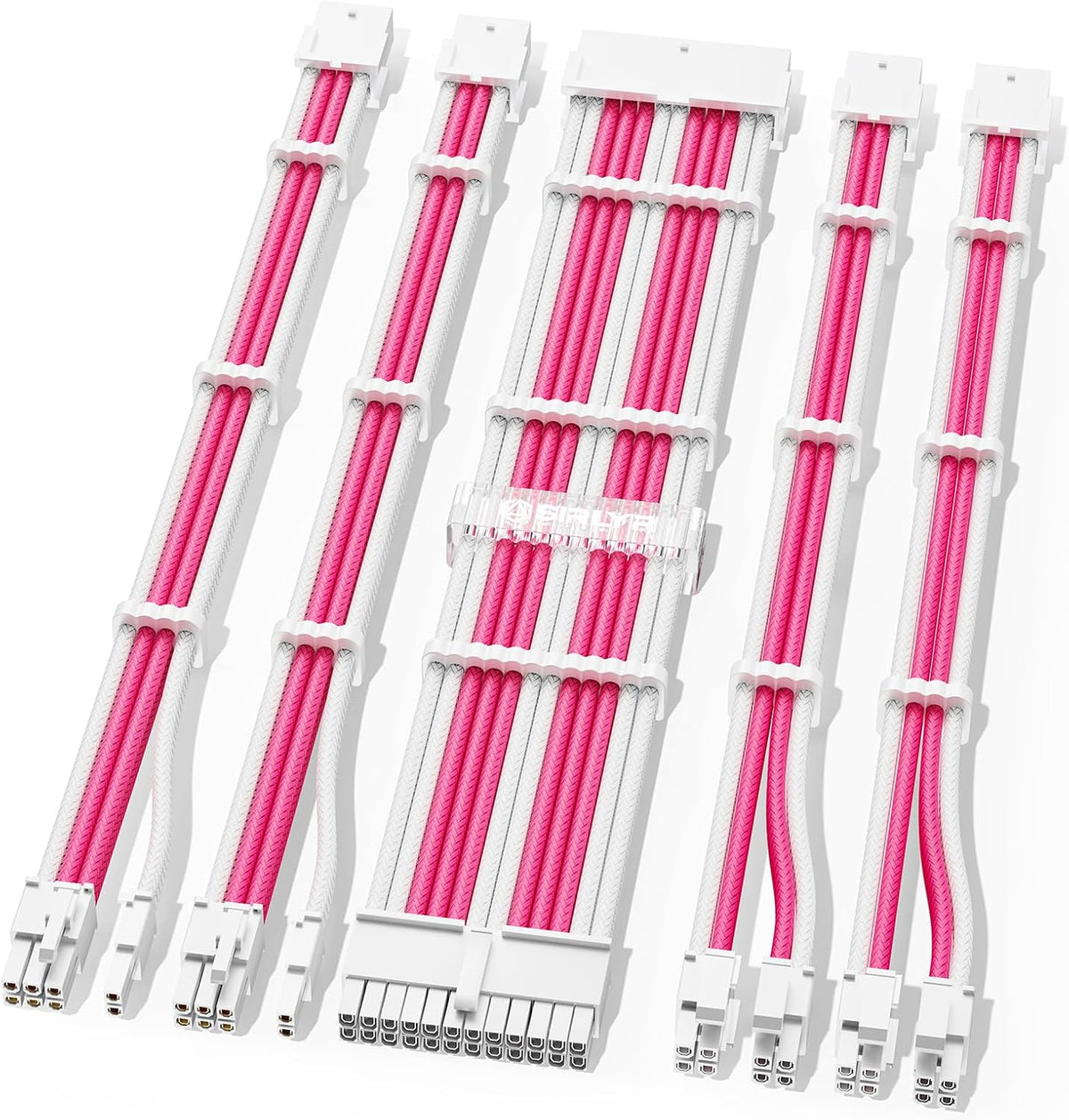 Sirlyr custom sleeved power supply unit extension cable kit front view showcasing pink and white braided wires