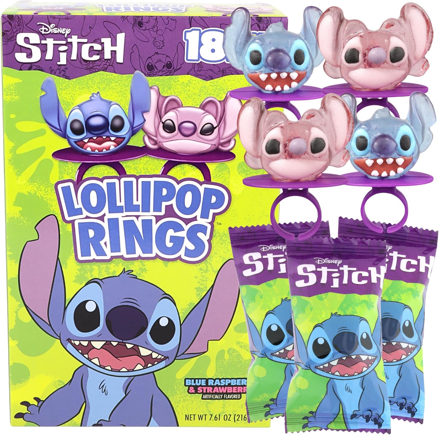 Flix Candy Lilo and Stitch lollipop rings front view packaging box containing eighteen individually wrapped party favors.