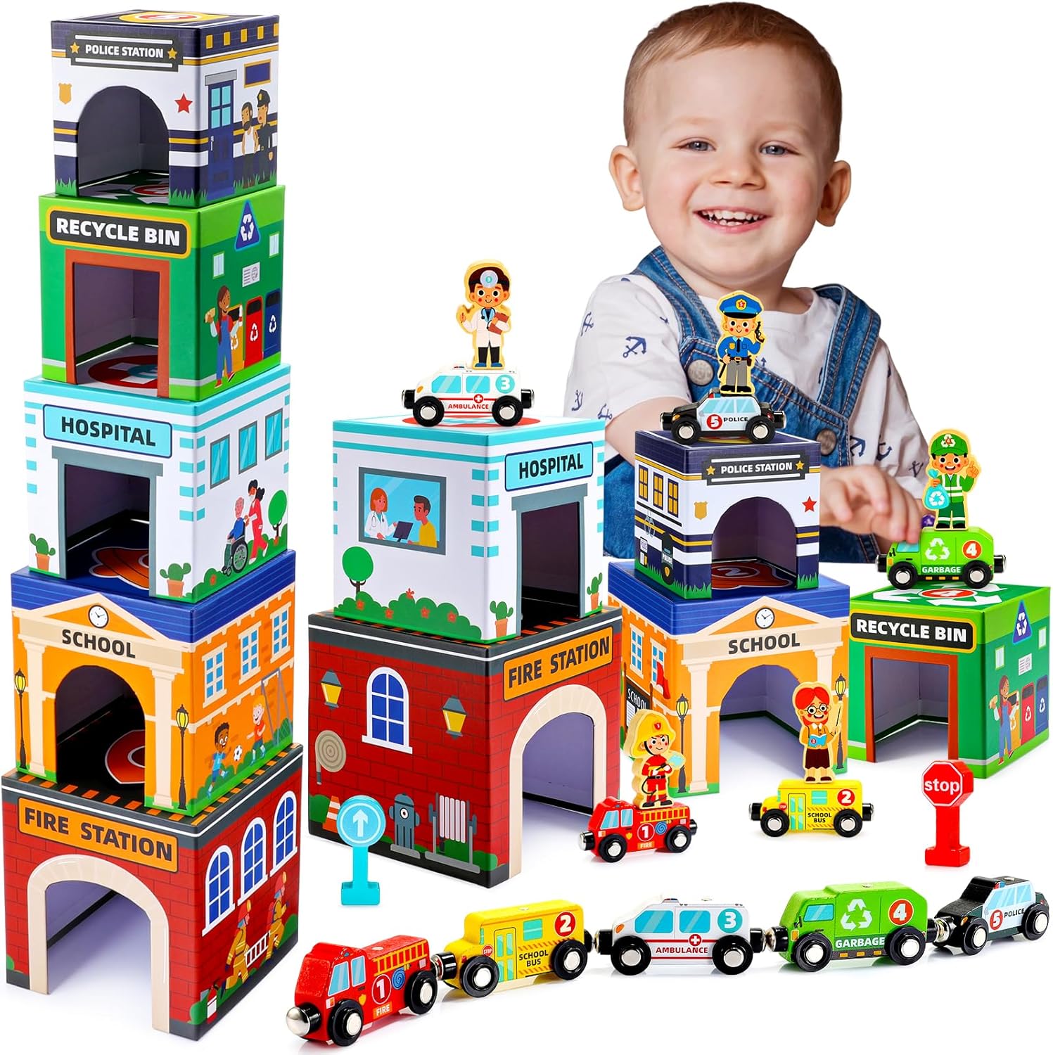 MDINGTD baby stacking toys front view featuring community helper garage boxes and magnetic wooden cars.