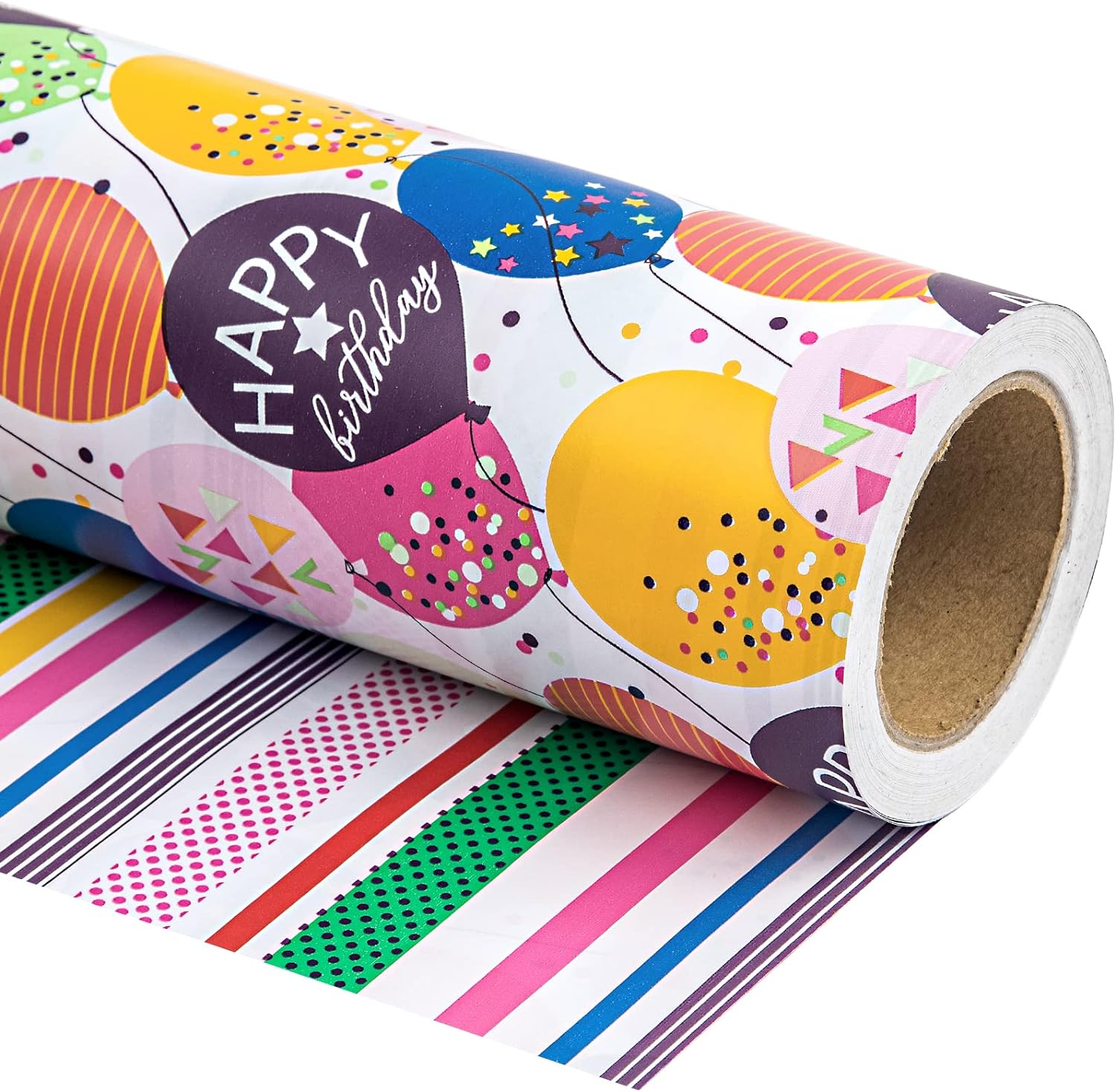WRAPAHOLIC reversible birthday wrapping paper roll front view showing balloon and confetti print
