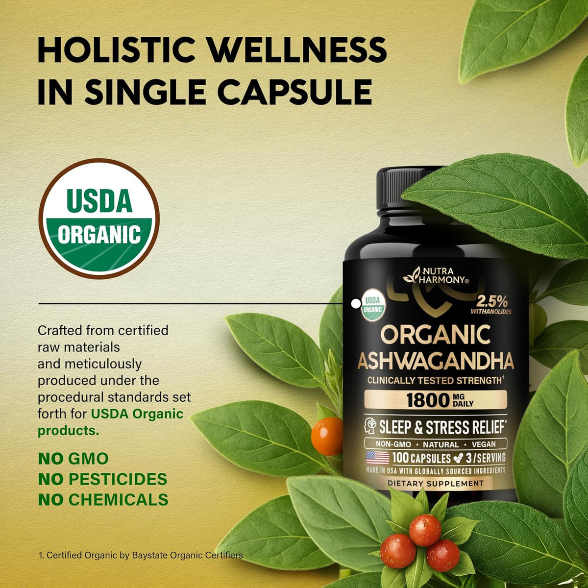 Nutraharmony ashwagandha 100 capsules container close up