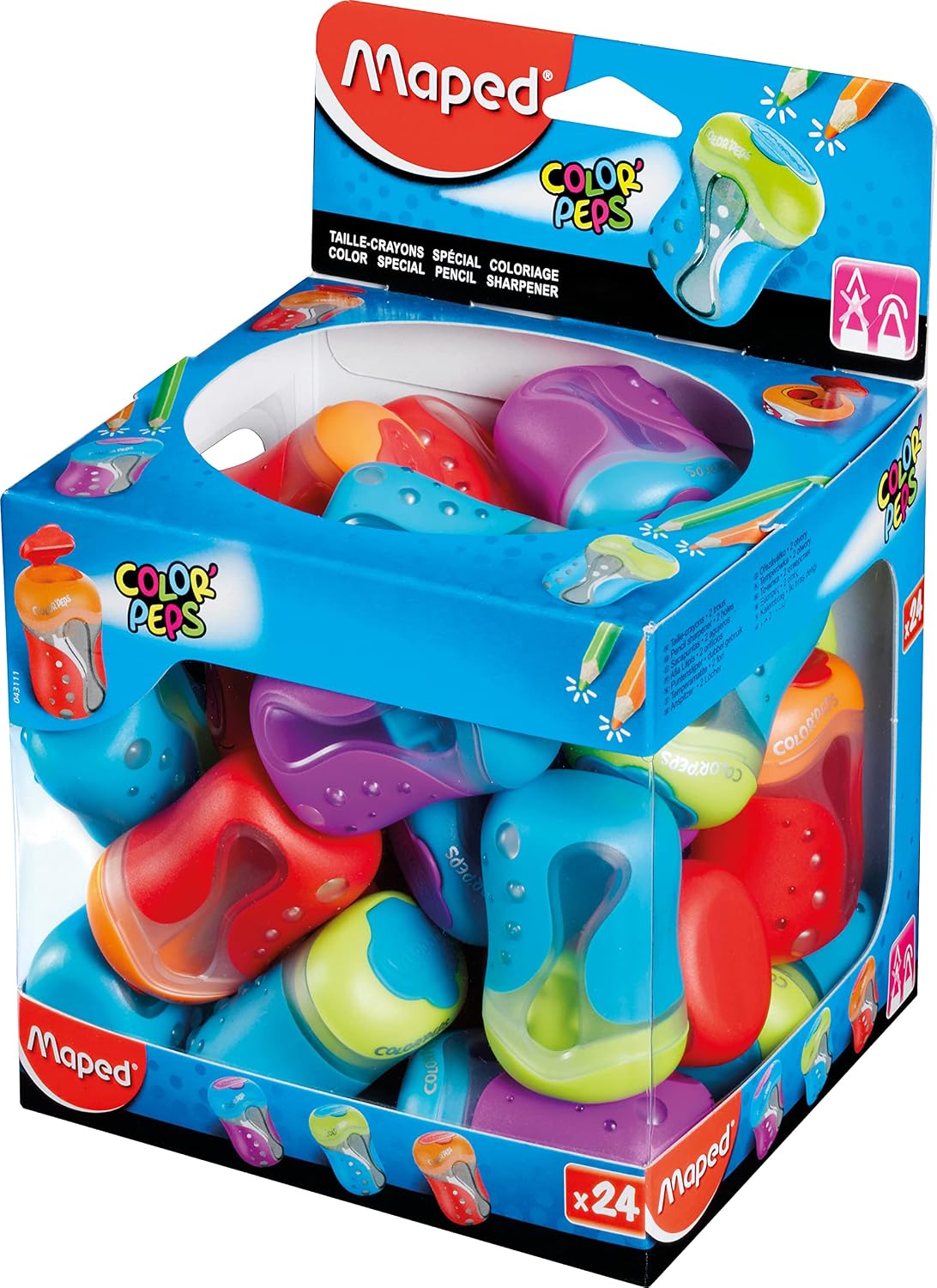 Helix Maped ColorPeps shatter resistant canister pencil sharpener flat lay view