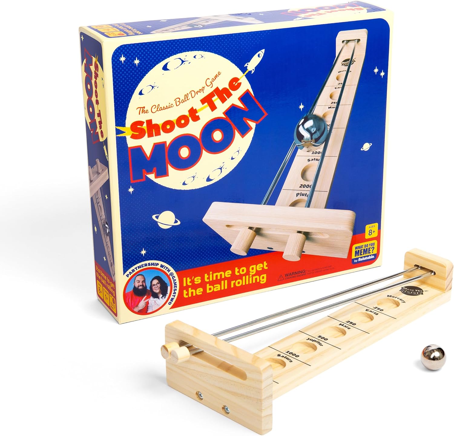 What Do You Meme Shoot The Moon tabletop balancing game front view showing wooden structure and metal rails.