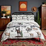 Castle Fairy Western Cowboy Duvet Cover Set King Size front view showcasing vintage southwest ranch print on a bed