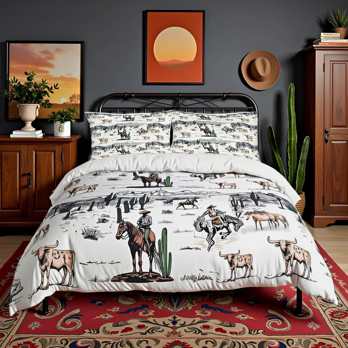 Castle Fairy Western Cowboy Duvet Cover Set King Size front view showcasing vintage southwest ranch print on a bed