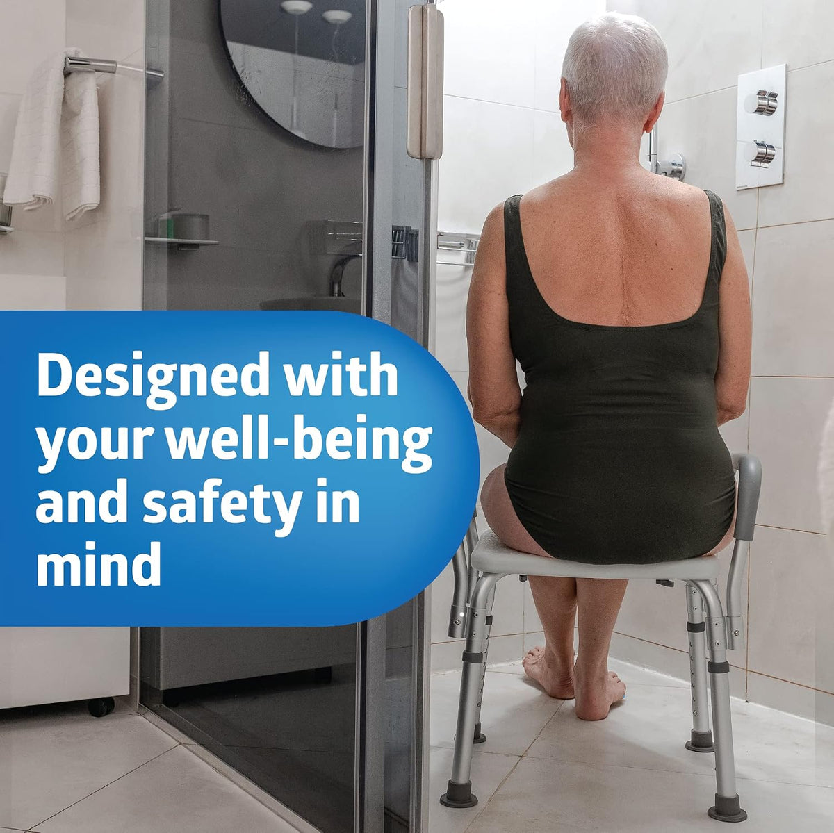 Medline shower chair side profile showing adjustable height legs