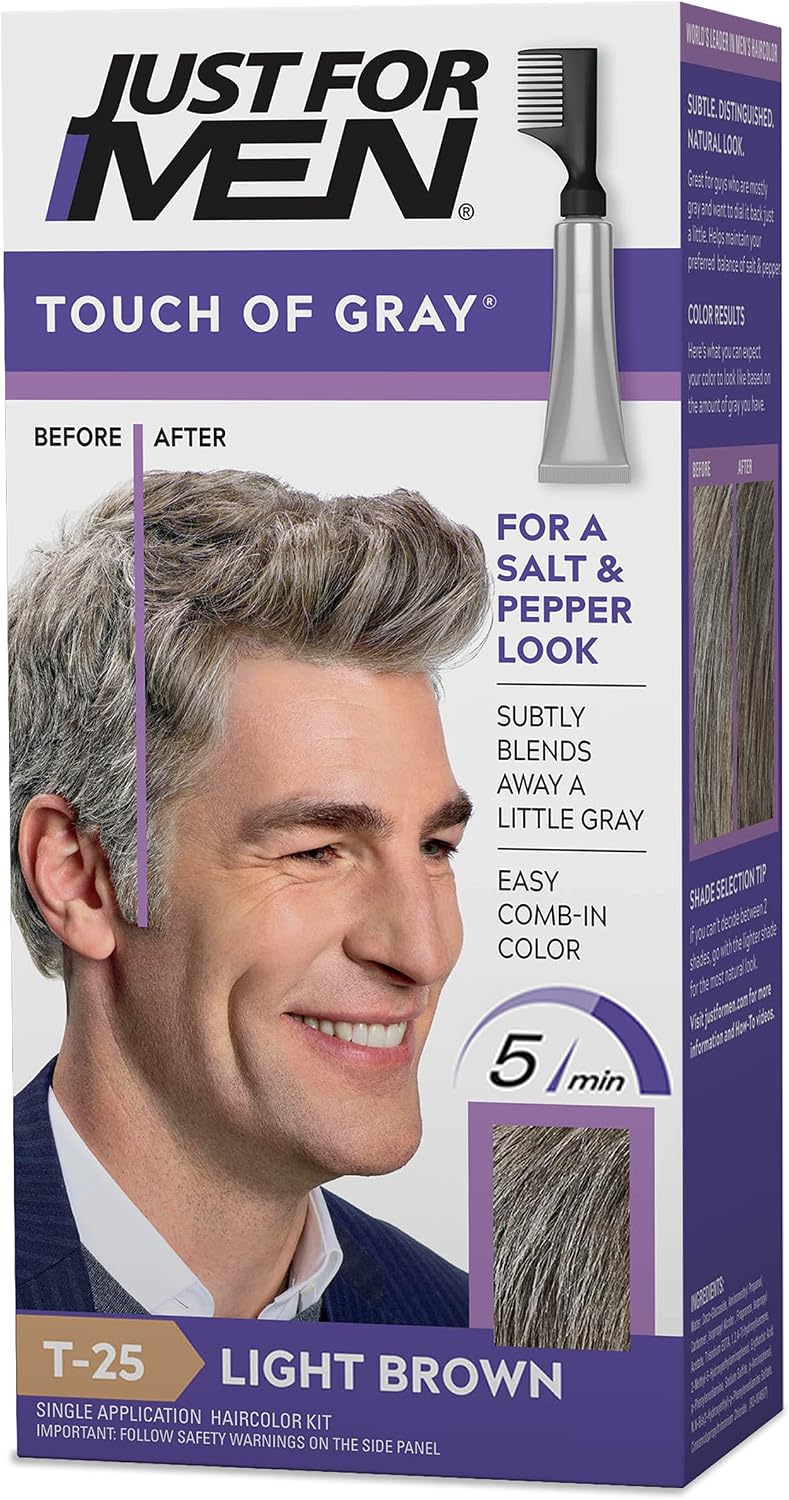 Just For Men Touch of Gray, Mens Hair Color Kit with Comb Applicator for Easy Application, Great for a Salt and Pepper Look - Light Brown, T-25, Pack of 1 - Image 1