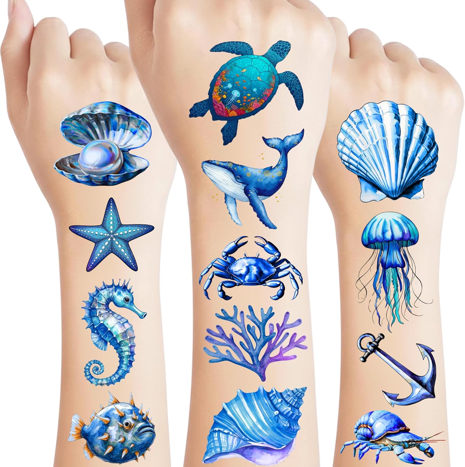 Generic ocean animal temporary tattoos front view featuring watercolor sea creatures for party favors.