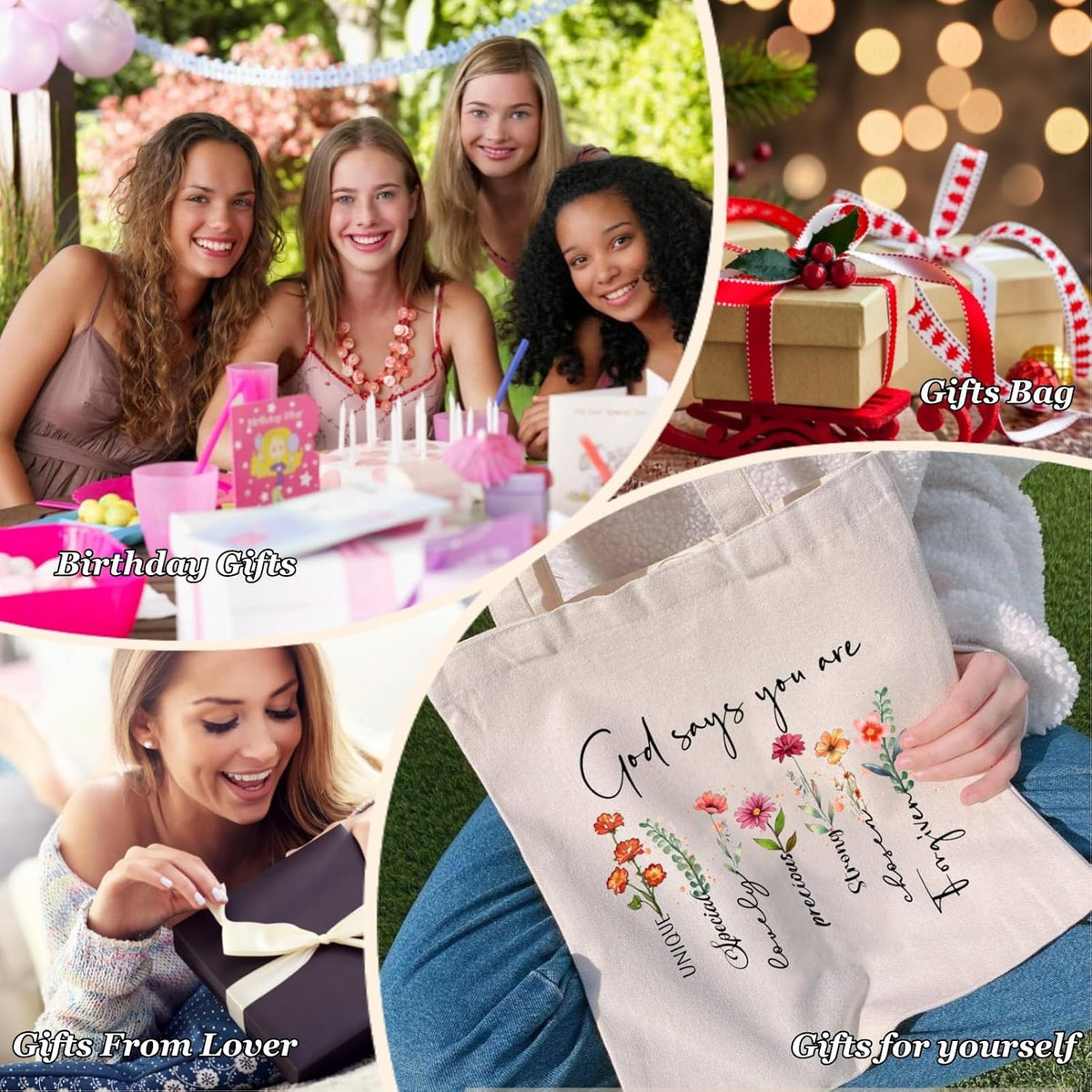 Nioobager canvas Christian tote bag filled with books and Bible