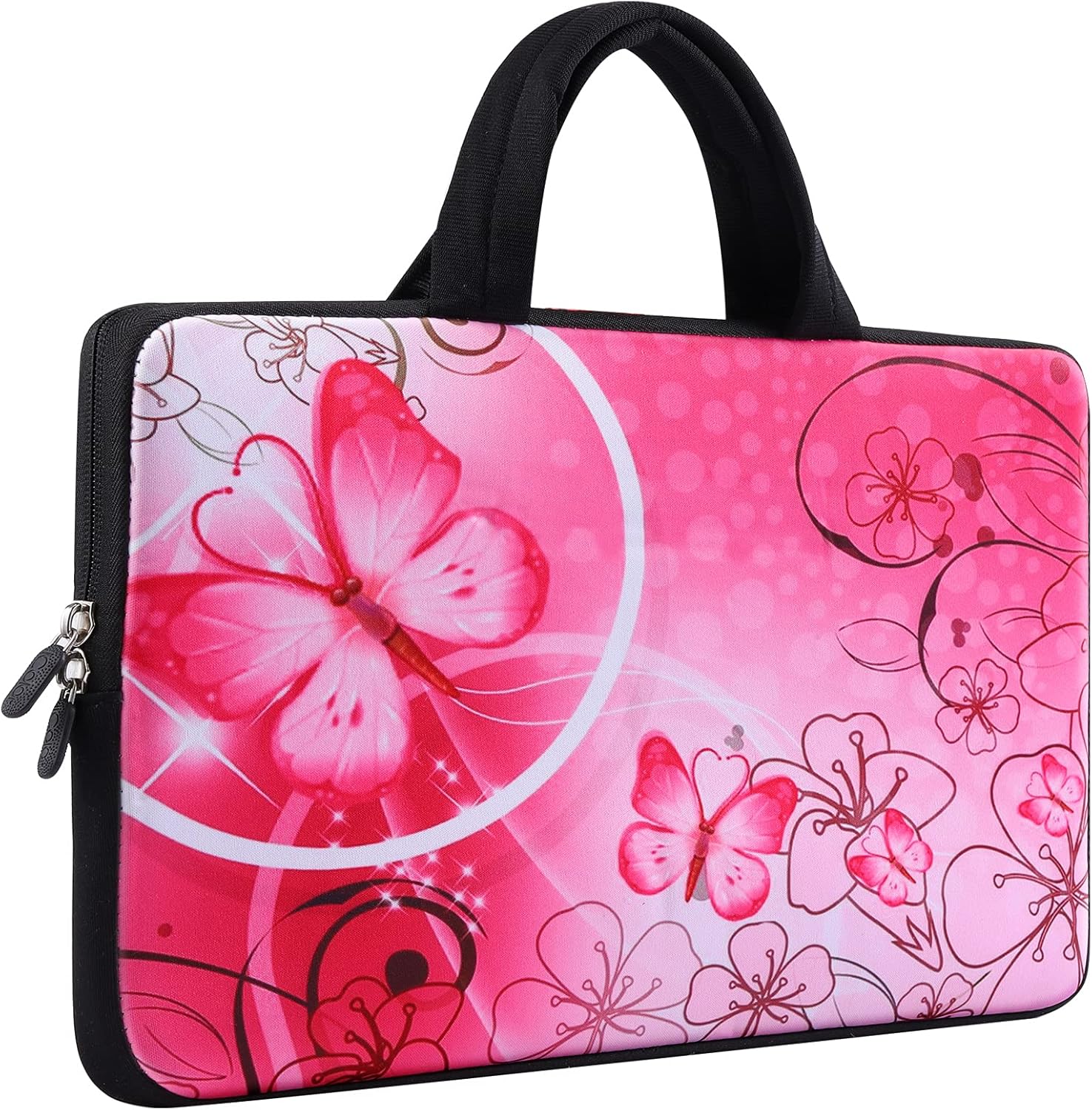 iColor neoprene laptop sleeve handle bag front view showing pink butterfly pattern design