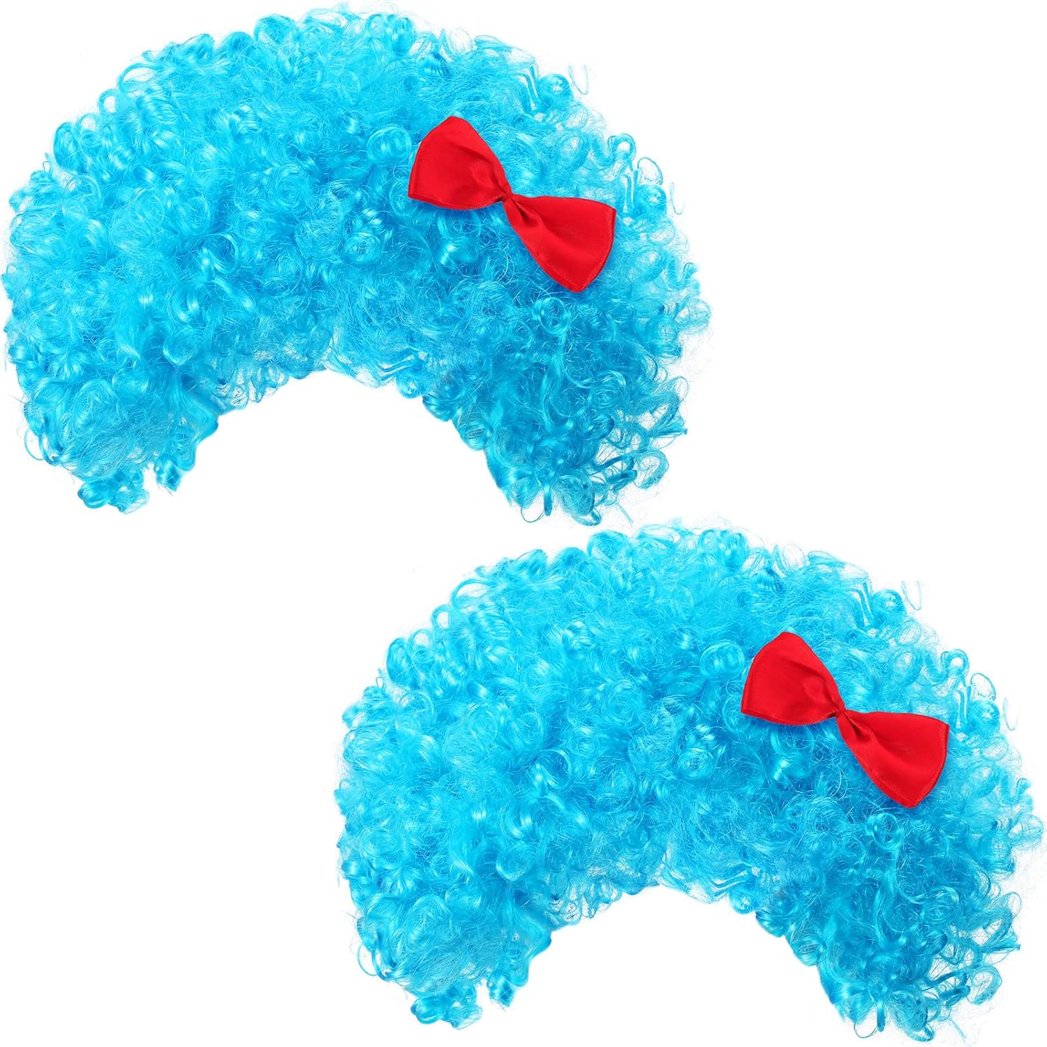 Jutom 2 Pieces Blue Afro Wig front view showing vibrant sky blue curls and sewn-in red bow