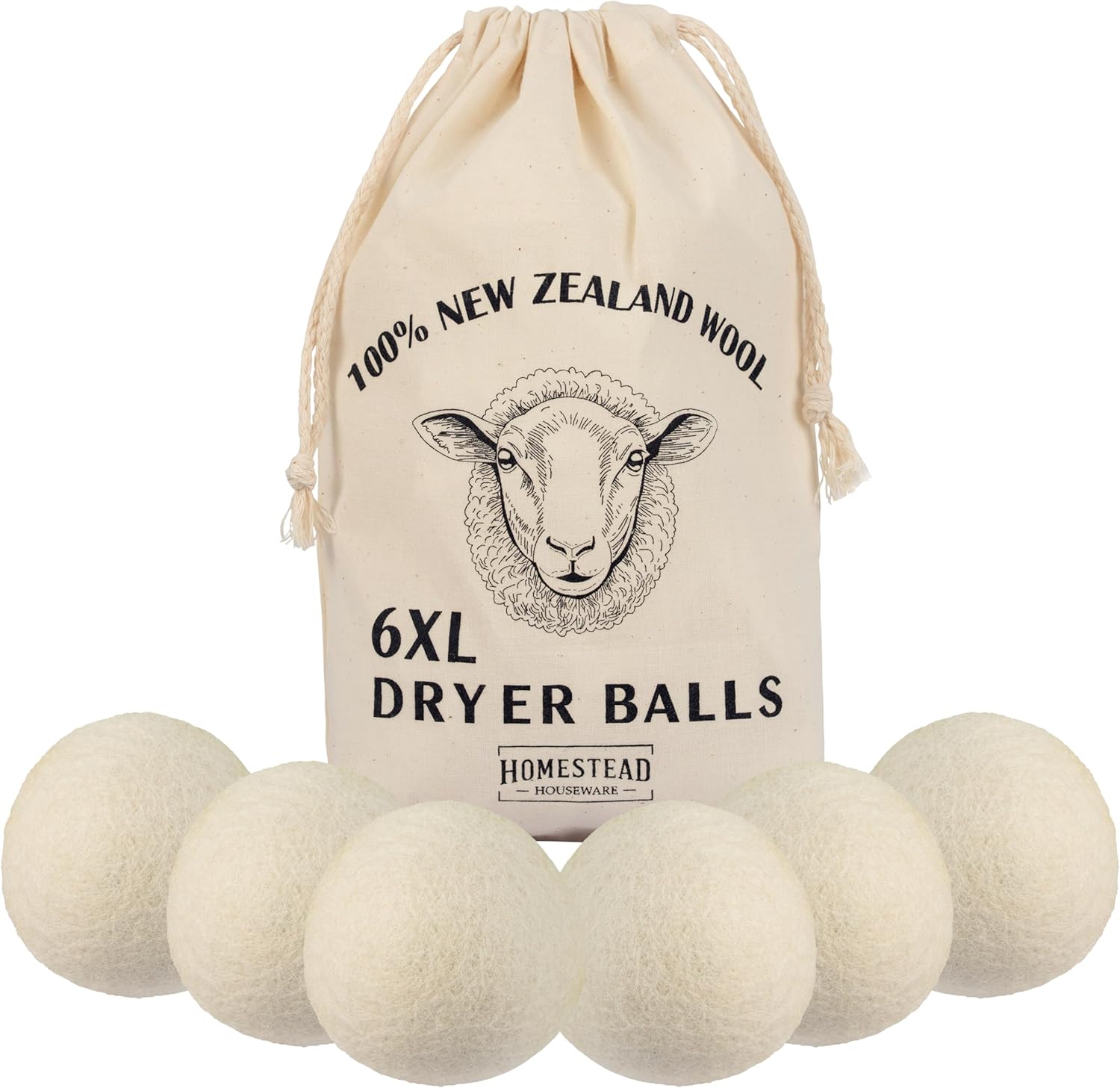 Oriflame Homestead Houseware extra large wool dryer balls six pack front view showcasing the natural texture
