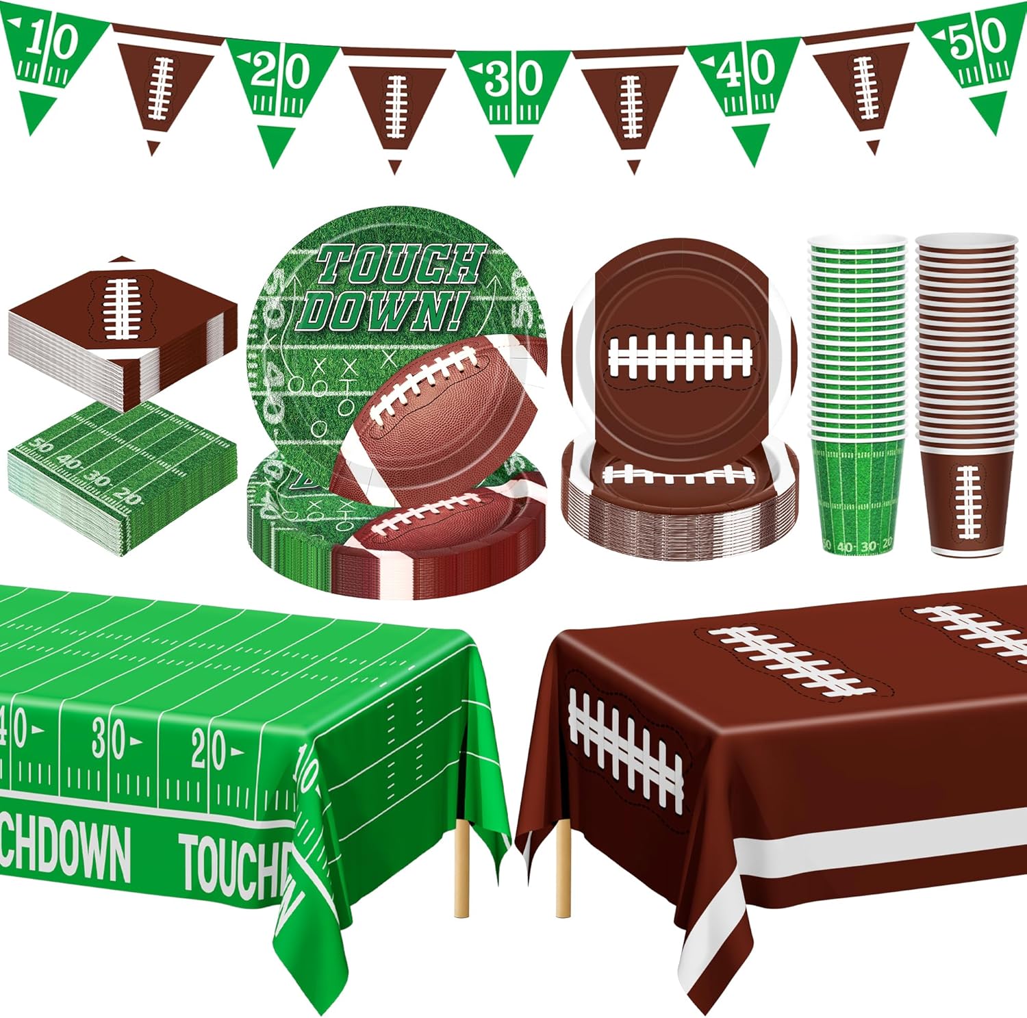 QZYL football party decorations front view set containing dinner plates and cups for game day celebrations.