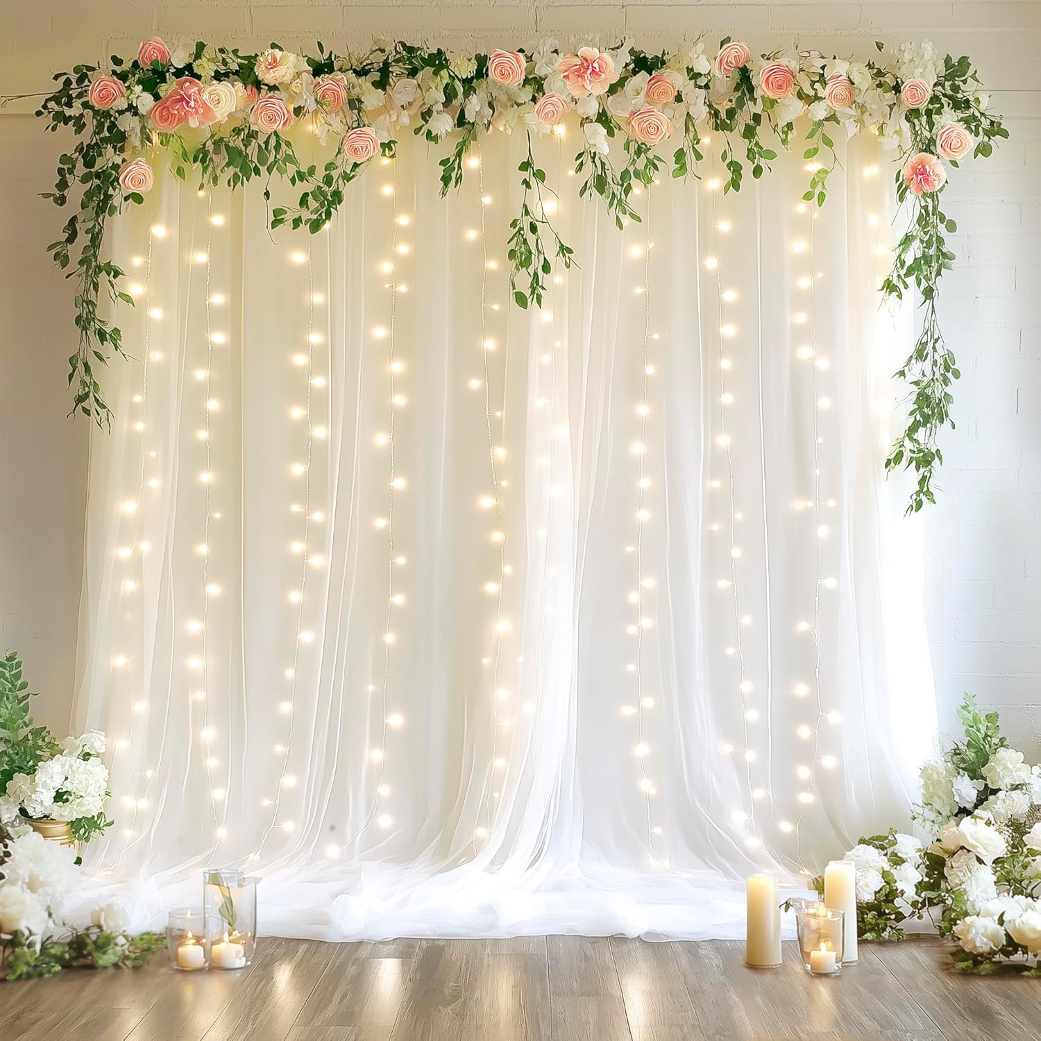 Fomcet White Tulle Backdrop Curtains with Lights front view for wedding decorations