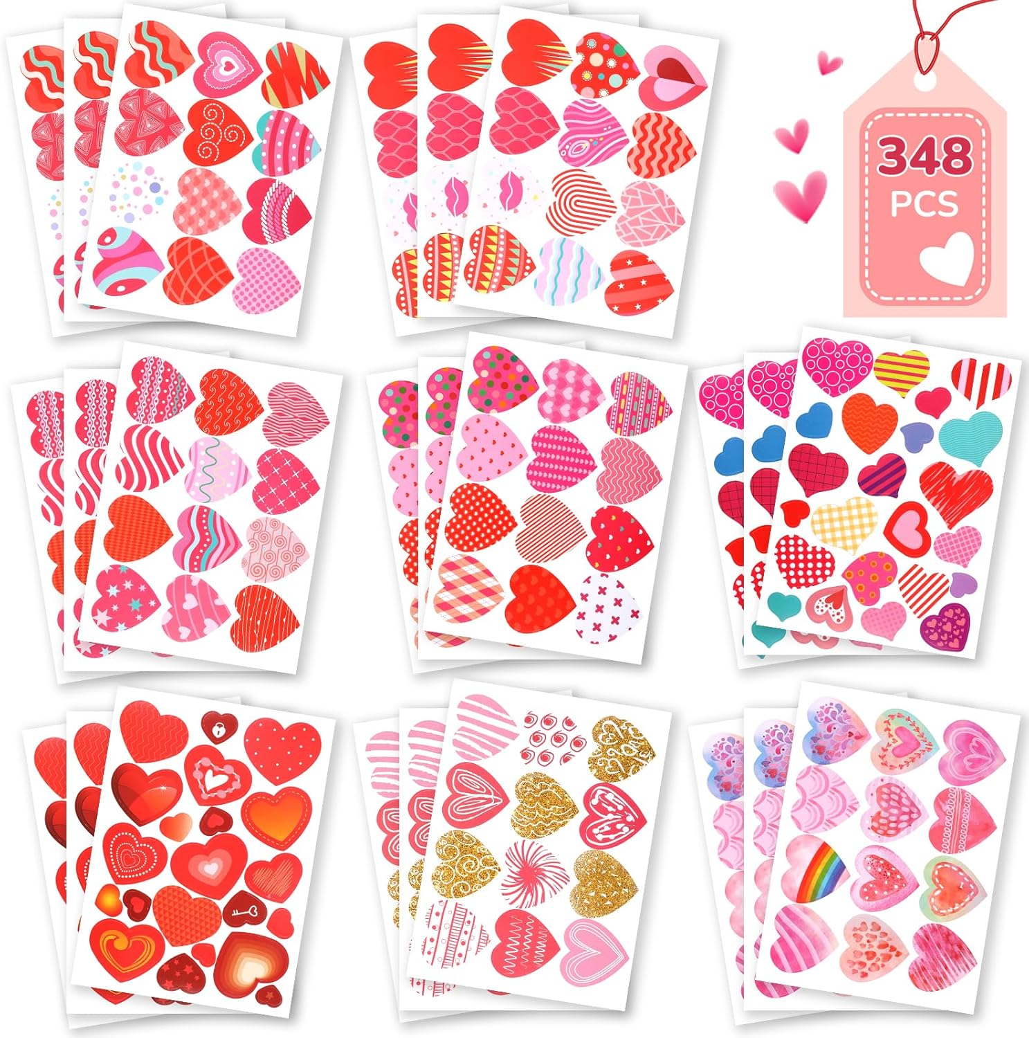 LOKFAR 348 Pieces Valentine Day Stickers front view of multiple colorful heart design sheets.