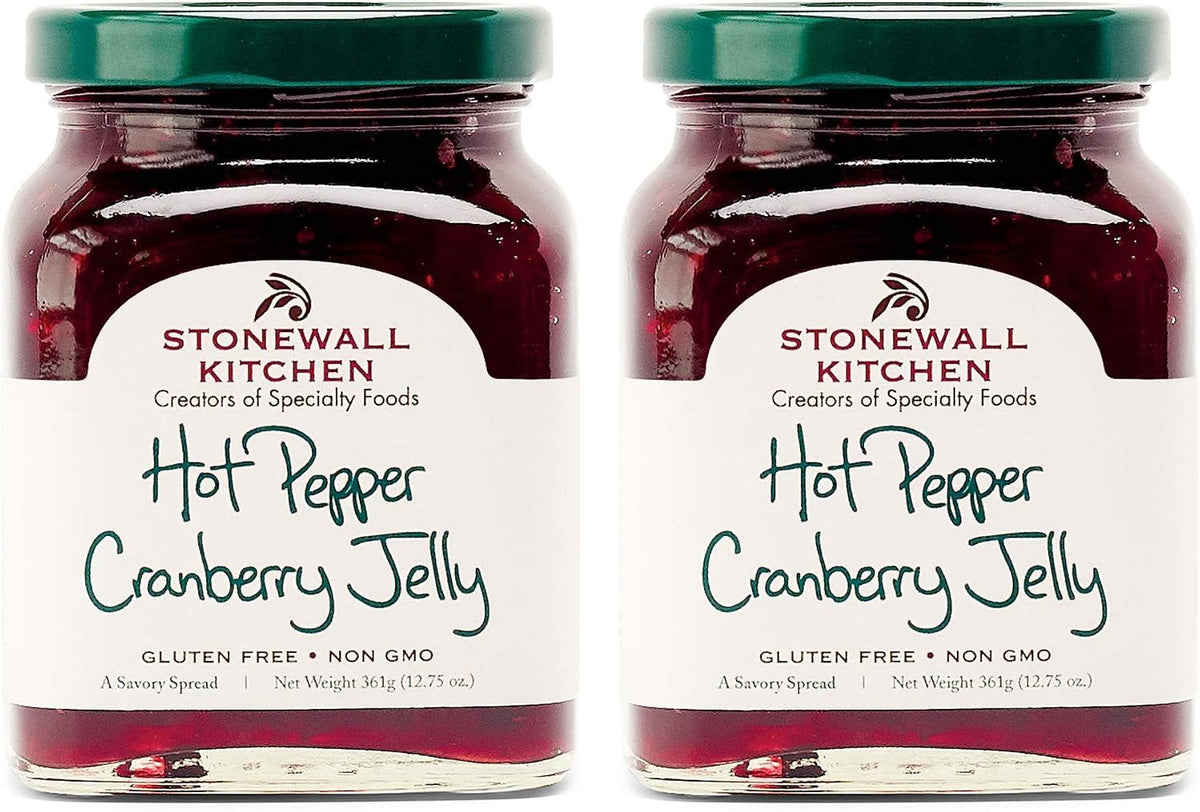 Premium red pepper jelly jar displaying certified non GMO label details