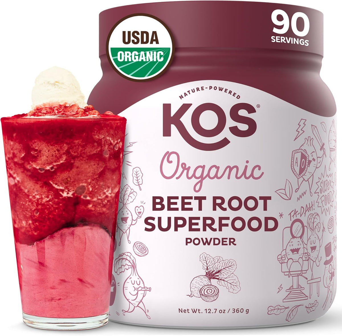 KOS Organic Beet Root Powder front view of 90 servings container
