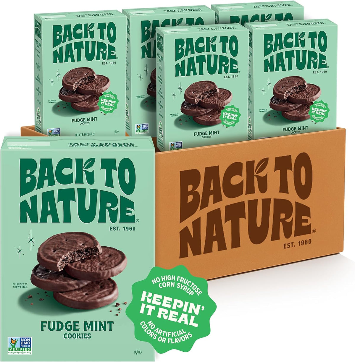 Back to Nature Fudge Mint Cookies 5.5 Ounce box front view showing chocolate mint biscuits.